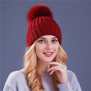 Skullies & Beanies Winter Women's Genuine Fox Fur Pom Pom Trend Wool Knitted Beanie Hat - Rose - CC186K2TNE4 $30.74
