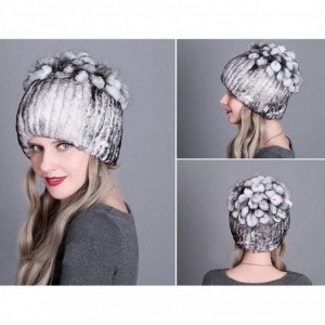 Skullies & Beanies Fur Hat Real Rex Rabbit Fur and Silver Fox Fur Top Flower Shape Cap Women Elastic Winter Warm - White + Bl...