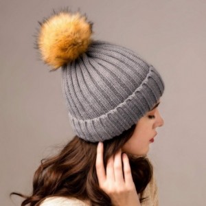 Skullies & Beanies Womens Winter Knitted Beanie Hat with Faux Fur Pom Fleece Lined Warm Beanie for Women - 05-fog Gray - C518...