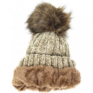 Skullies & Beanies Warm Fleece Lined Cable Knitted Faux Fur Pompom Beanie Hat - Soft Chunky Beanies for Women - Chenille-oliv...