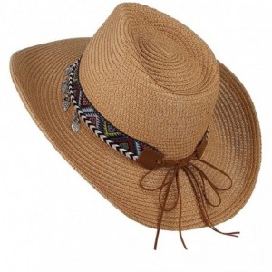 Cowboy Hats Cowboy Hat Western Style Cowboy Straw Hat Shapesble Brim Band & Pendant Decor - Camel - C618D65QAAW $20.36