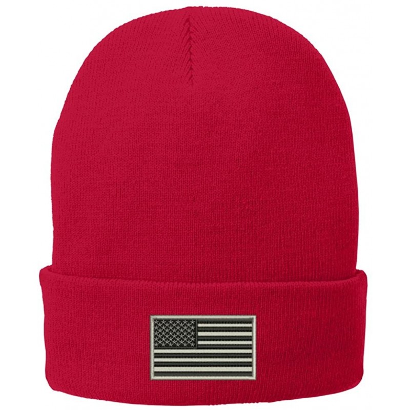 Skullies & Beanies US American Flag Grey Embroidered Winter Folded Long Beanie - Red - C612MZ1KM0E $26.21