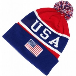 Skullies & Beanies USA American Flag Emroidered Pom Pom Beanie Hat - Navy Red - CZ12NR50W69 $35.58