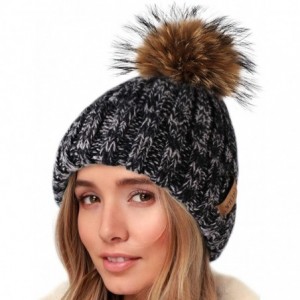 Skullies & Beanies Knit Beanie Hats for Women Double Layer Fleece Lined with Real Fur Pom Pom Winter Hat - CK18UYEIZRN $33.73