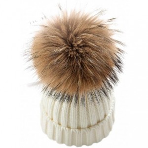 Skullies & Beanies Winter Knit Hat Kids Real Fur Pom Pom Warm Beanie Hat - White (Real Raccoon Fur) - CA18XQOY8ST $45.63