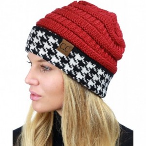 Skullies & Beanies Cable Knit Soft Stretch Multicolor Houndstooth Stitch Cuff Skully Beanie Hat - Houndstooth Crimson - C7187...