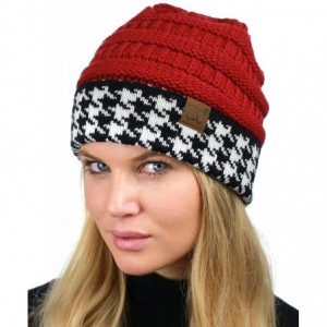 Skullies & Beanies Cable Knit Soft Stretch Multicolor Houndstooth Stitch Cuff Skully Beanie Hat - Houndstooth Crimson - C7187...