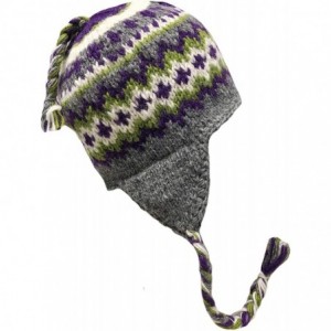 Skullies & Beanies Nepal Hand Knit Sherpa Hat with Ear Flaps- Trapper Ski Heavy Wool Fleeced Lined Cap - Cream/Plum - C712OBT...