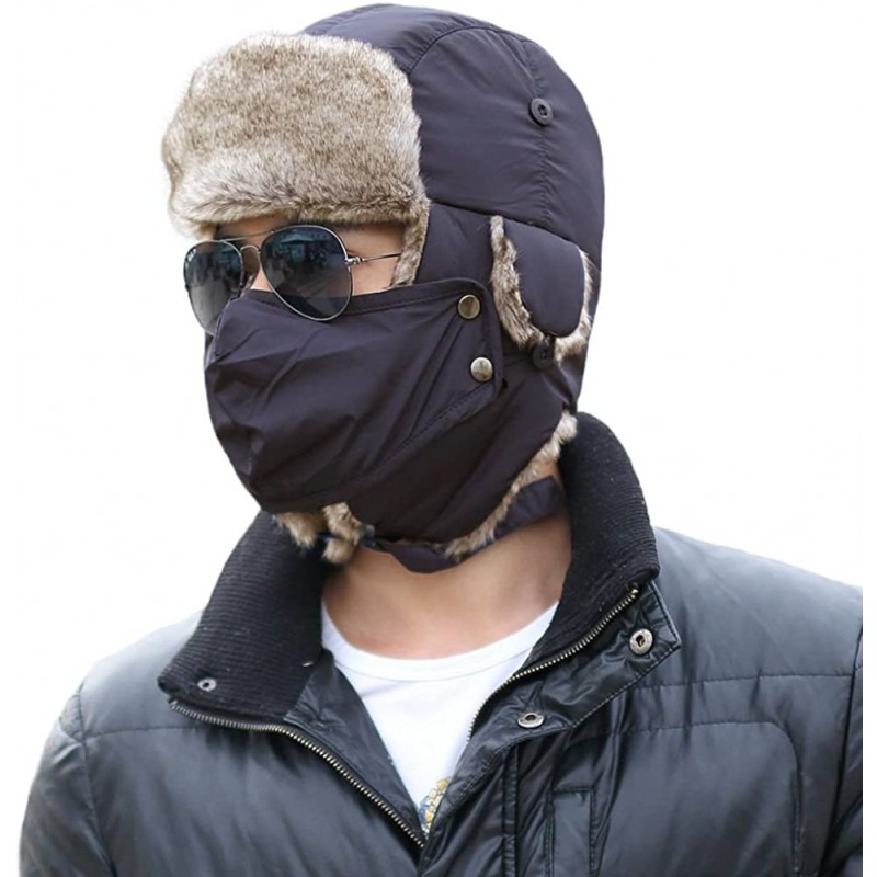 Bomber Hats Men's Faux Fur Trapper Hunting Hat with Earflap Mask Russian Ushanka - 69265_navy - CX12N7UV9UO $34.30