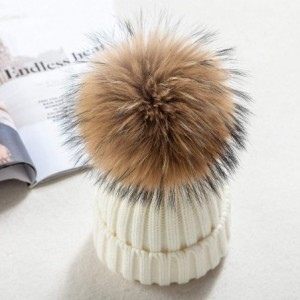 Skullies & Beanies Winter Knit Hat Kids Real Fur Pom Pom Warm Beanie Hat - White (Real Raccoon Fur) - CA18XQOY8ST $42.94