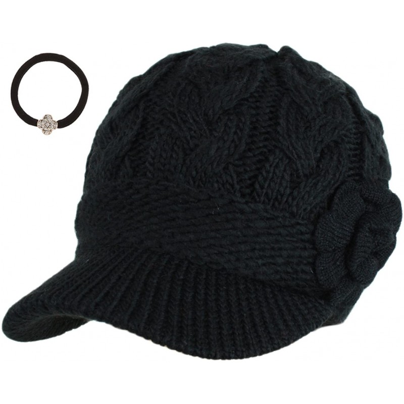 Skullies & Beanies Women's Cable Knitted Double Layer Visor Beanie Hats with Hair Tie - Floral Black - CQ1297IXA8F $34.23