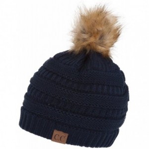 Skullies & Beanies Cable Knit Faux Fur Pom Pom Beanie Hat - Navy - CI12O3PYOPA $26.45
