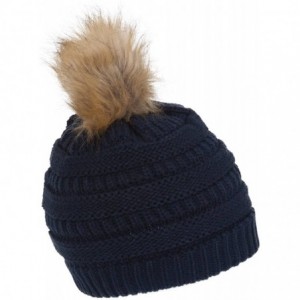 Skullies & Beanies Cable Knit Faux Fur Pom Pom Beanie Hat - Navy - CI12O3PYOPA $26.45