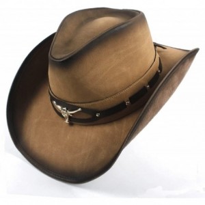 Sun Hats Womens Mens Western Jazz Cowboy Hat- Brim Leather Summer Sun Hat with Bull Head - Natural - CV18HCGRQH8 $65.54