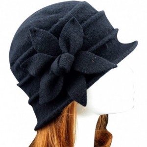Berets Women 100% Wool Solid Color Round Top Cloche Beret Cap Flower Fedora Hat - 5 Black - C518HYLYLRH $31.44