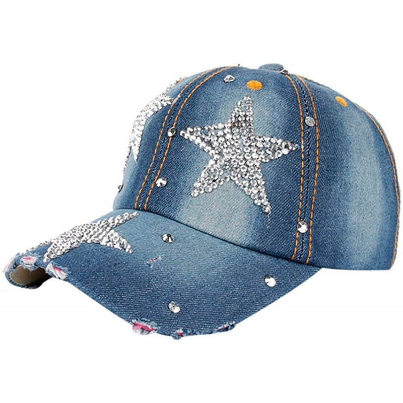 Baseball Caps Women Men Stars Denim Rhinestone Baseball Cap Snapback Hip Hop Flat Hat Trendy Cap - Blue-1 - C718L3DHD9N $18.72