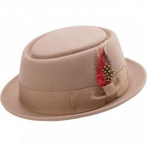 Fedoras Men's Stingy Brim Teardrop Dent Pork Pie Wool Felt Hat with Feather H-45 - Camel - CM185UI339G $90.41