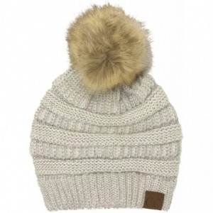 Skullies & Beanies Fur Pom Winter Fall Trendy Chunky Stretchy Cable Knit Beanie Hat - Metallic Ivory/Silver - CE18YAG0QYN $33.62