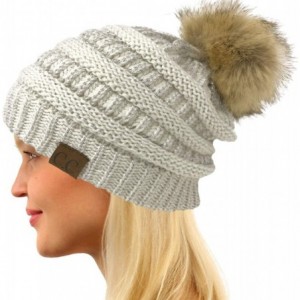 Skullies & Beanies Fur Pom Winter Fall Trendy Chunky Stretchy Cable Knit Beanie Hat - Metallic Ivory/Silver - CE18YAG0QYN $27.89