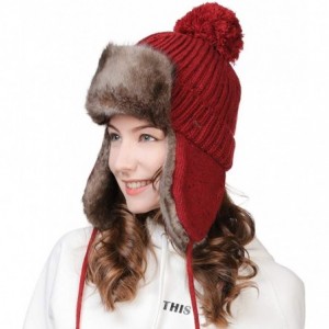 Skullies & Beanies Ladies Earflap Trapper Hat Faux Fur Hunting Hat Fleece Lined Thick Knitted - 99725_red - CX18KI869H8 $43.25