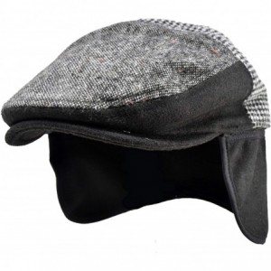 Newsboy Caps 100% Wool Herringbone Winter Ivy Cabbie Hat w/Fleece Earflaps - Driving Hat - Patch Black - CT18ZUQ2R03 $68.33