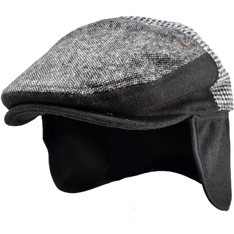 Newsboy Caps 100% Wool Herringbone Winter Ivy Cabbie Hat w/Fleece Earflaps - Driving Hat - Patch Black - CT18ZUQ2R03 $61.74