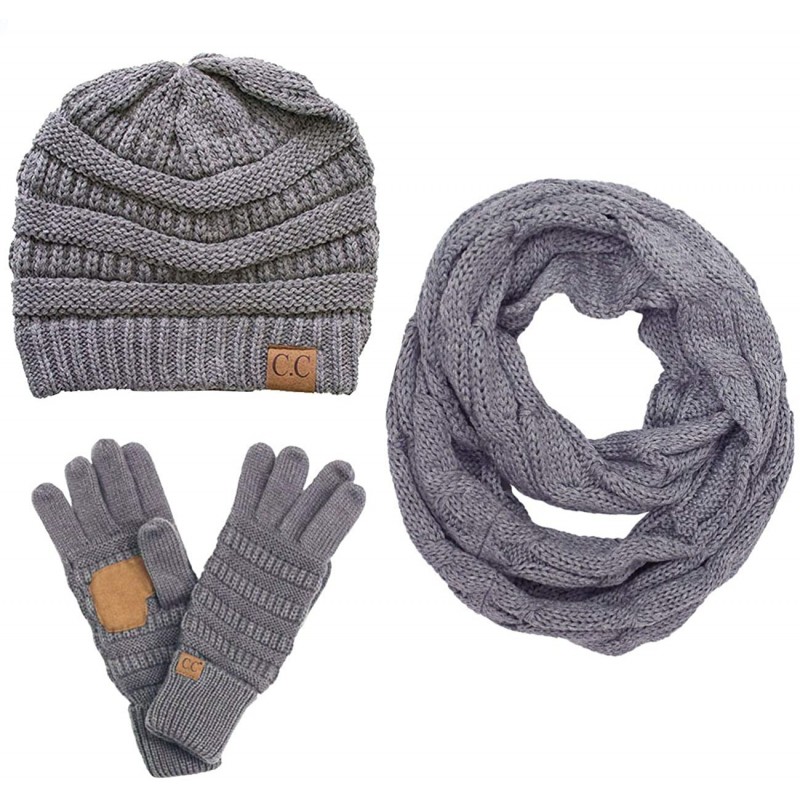 Skullies & Beanies 3pc Set Trendy Warm Chunky Soft Stretch Cable Knit Beanie Scarves Gloves Set - Light Gray - CX187GNQT68 $8...