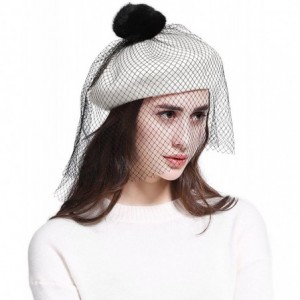 Berets Women's Franch Inspired Wool Felt Beret Hat with Veil Cocktail Hat - Pompom-white - C21888GR9CD $24.74