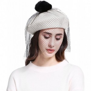 Berets Women's Franch Inspired Wool Felt Beret Hat with Veil Cocktail Hat - Pompom-white - C21888GR9CD $27.04