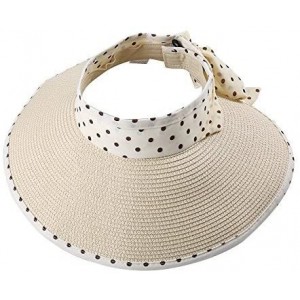 Sun Hats Girl Lady Foldable Polka Dot Ribbon Straw Wide Brim Floppy Sun Hat Visor - Beige - CI12GZSBFOR $28.67