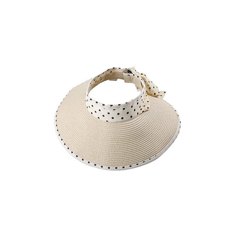 Sun Hats Girl Lady Foldable Polka Dot Ribbon Straw Wide Brim Floppy Sun Hat Visor - Beige - CI12GZSBFOR $26.92
