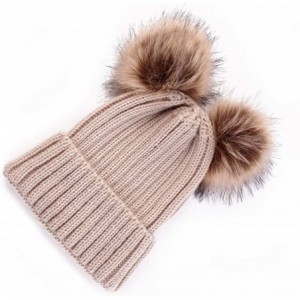 Berets Women Fashion Double Pom Pom Ball Knit Crochet Winter Warm Beanie Cap Ski Beret Hat - Khaki - C018NA3376T $22.72