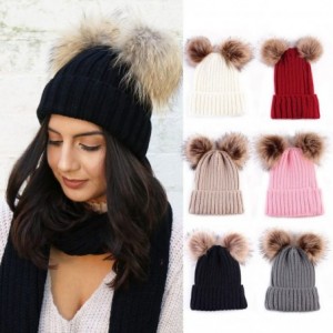 Berets Women Fashion Double Pom Pom Ball Knit Crochet Winter Warm Beanie Cap Ski Beret Hat - Khaki - C018NA3376T $22.72