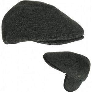 Newsboy Caps Men's Black Wool Herringbone Ivy Cap- Classic Cabbie Hat w/Ear Flaps - CN12O4N8D14 $56.36