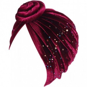 Sun Hats Shiny Turban Hat Headwraps Twist Pleated Hair Wrap Stretch Turban - Wine Red Velvet - CJ18ARMI69D $21.12