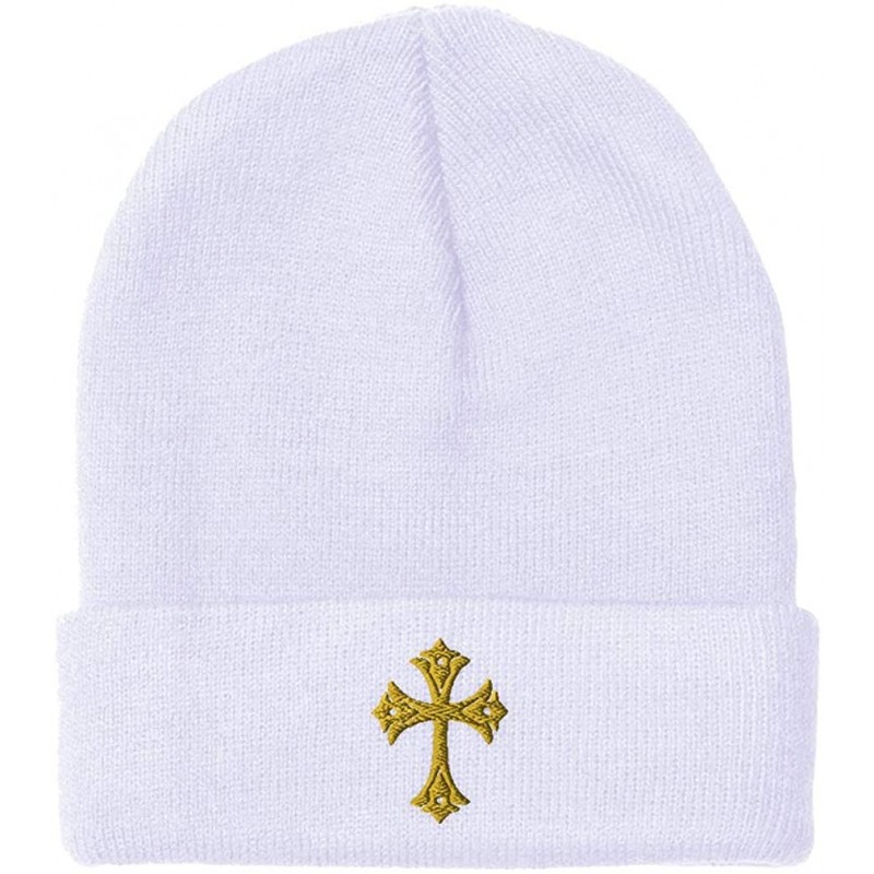 Skullies & Beanies Custom Beanie for Men & Women Gold Roman Catholic Cross Embroidery Skull Cap Hat - White - CR18ZS3DKRR $23.00