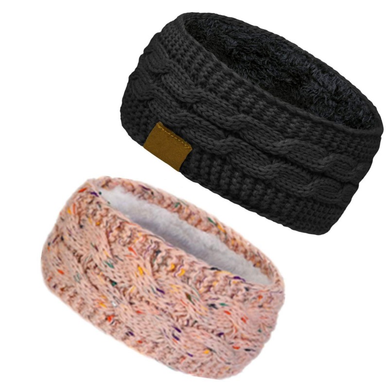 Cold Weather Headbands Cable Knit Fuzzy Lined Head Wrap Headband Ear Warmer (2 Pack - Black & Pink) - 2 Pack - Black & Pink -...