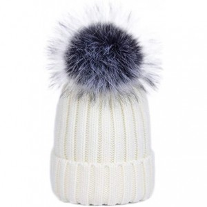 Skullies & Beanies Winter Knit Hat Kids Real Fur Pom Pom Warm Beanie Hat - White (Real Silver Fox Fur) - CV18Y2E48Y8 $41.14