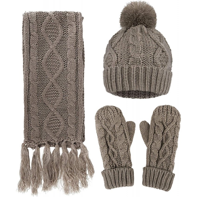 Skullies & Beanies 3 in 1 Women Soft Warm Thick Cable Knitted Hat Scarf & Gloves Winter Set - Khaki Gloves W/ Lined - CK182A9...