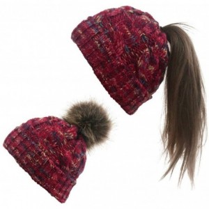 Skullies & Beanies Women Fashion Winter Warm Ponytail Patchwork Knitted Cap Hats & Caps - Red - CB18AK23TRC $30.81
