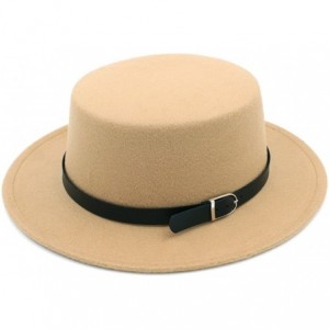 Fedoras Women Wool Blend Boater Hat Sailor Flat Top Bowler Cap Belt Buckle Band - Camel - CF184X5GYCH $23.18
