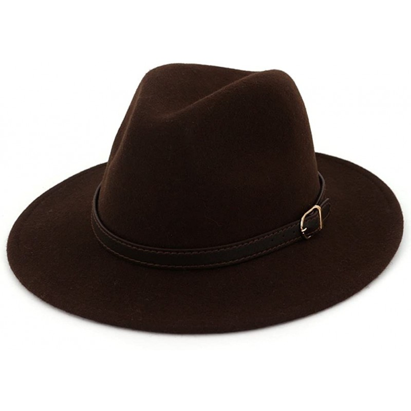 Fedoras Women's 100% Wool Fedora Panama Hat Wide Brim with Belt - Coffee - CI18E4QMRIM $40.43