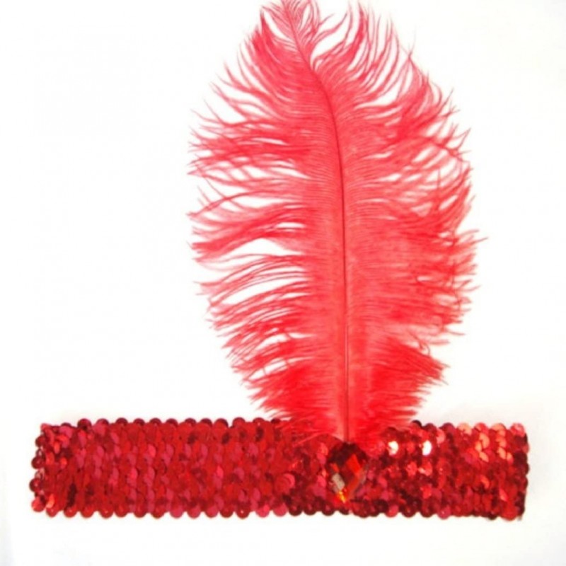 Headbands Roaring 20's Sequined Showgirl Flapper Headband Black with Feather Plume - Red - C612KHEHIDH $14.90