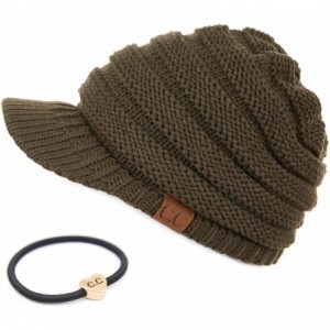 Visors Hatsandscarf Exclusives Women's Ribbed Knit Hat with Brim (YJ-131) - New Olive With Ponytail Holder - CW18XHK9ZMS $29.46