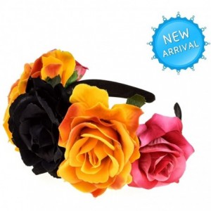 Headbands Custom Mexican Flower Crown Day of The Dead Hawaiian Boho Frida Floral - Black-orange - CL18GM6MGZX $20.51