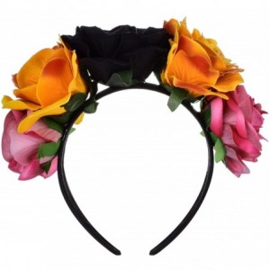 Headbands Custom Mexican Flower Crown Day of The Dead Hawaiian Boho Frida Floral - Black-orange - CL18GM6MGZX $20.51