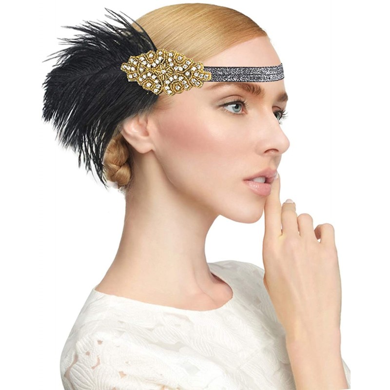 Headbands Vintage 1920s Black Feather Headpiece Gold Beaded Art Deco Flapper Headband - Black - CS17YZK46ZA $22.98