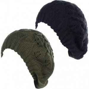 Berets Winter Chic Warm Double Layer Leafy Cutout Crochet Chunky Knit Slouchy Beret Beanie Hat Solid - CC18X4M48SS $40.12