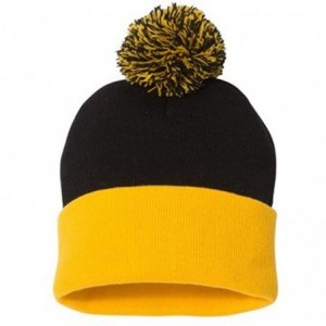 Skullies & Beanies The Two Tone Thick Knitted Cuffed Winter Pom Beanie - Black/Yellow - CP11SFY8F8J $18.98