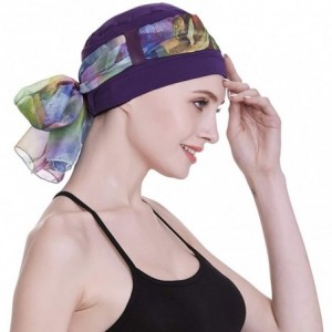 Skullies & Beanies Elegant Chemo Cap With Silky Scarfs For Cancer Women Hair Loss Sleep Beanie - Purple - CR18LXZKGIE $29.81